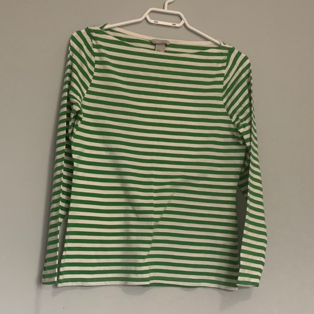 H&M Green and White Striped Long sleeve boat neck stretch Tee